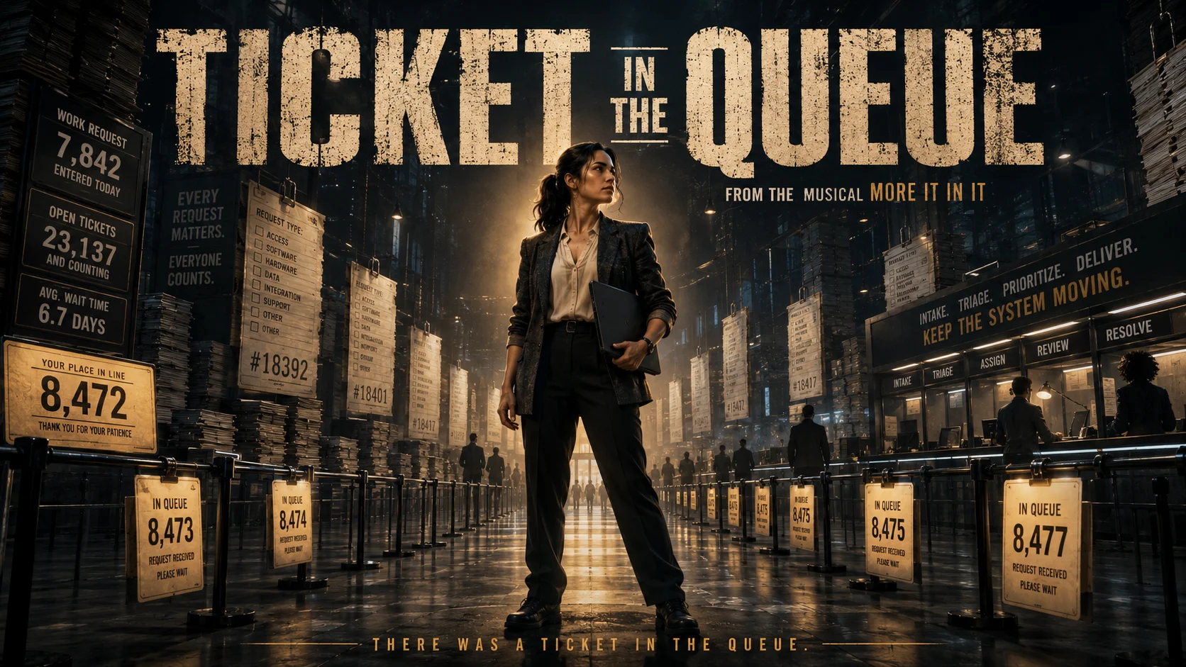 A theatrical hip-hop poster image for Ticket in the Queue, evoking business urgency, process bottlenecks, and the pressure of work stuck in flow.