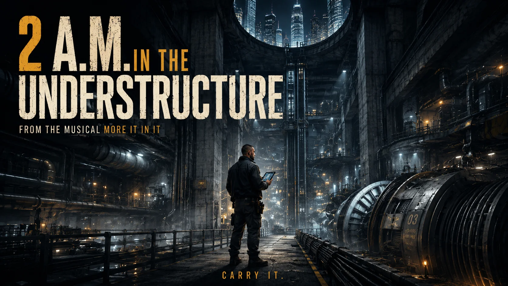 A cinematic 16:9 album cover for “2 A.M. in the Understructure” showing a lone operations engineer holding a tablet on a dark industrial platform beneath a futuristic city.