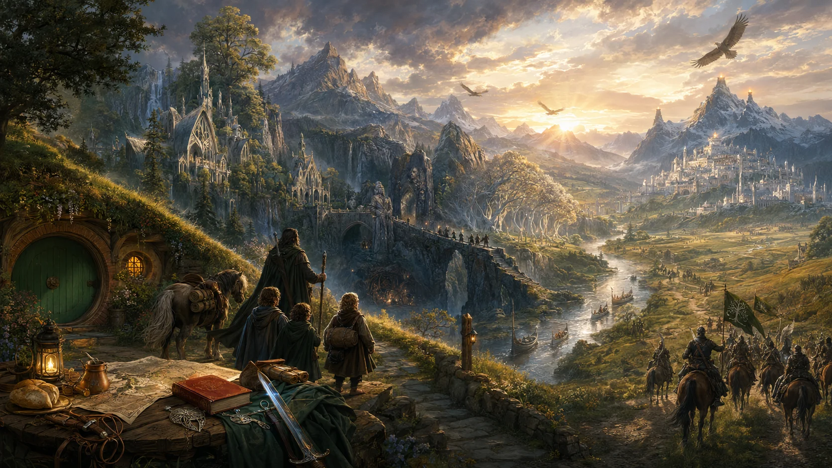 A wide fantasy panorama with a round green door in a hillside home, travelers overlooking mountains, rivers, bridges, distant white cities, and riders moving through a sunlit valley.