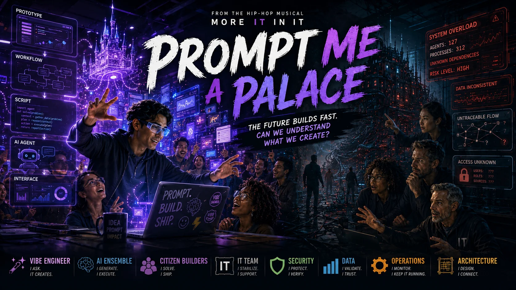 A theatrical poster for Prompt Me a Palace showing AI builders, citizen builders, IT, security, data, operations, and architecture facing the speed and risk of prompt-driven automation.