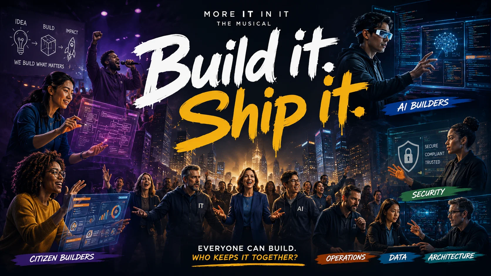 A theatrical poster for Build It. Ship It. showing citizen builders, AI builders, IT, security, operations, data, and architecture building a digital enterprise city together.