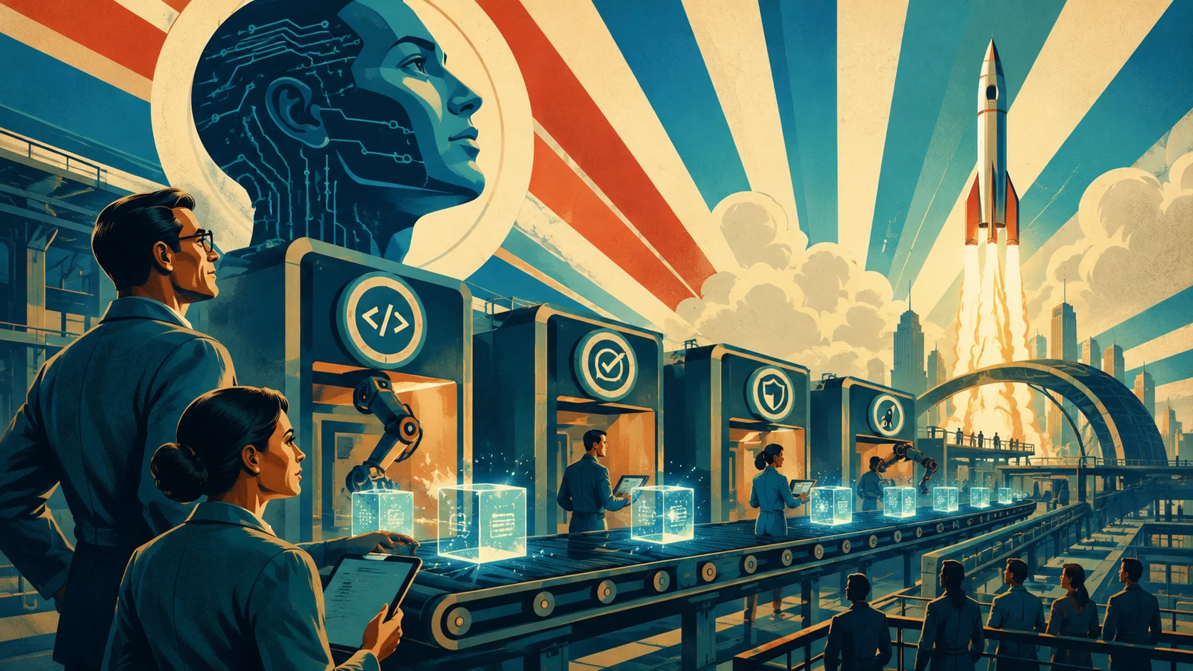 An automated industrial factory floor with people overseeing robotic machinery and digital systems, representing an AI-driven software delivery environment.