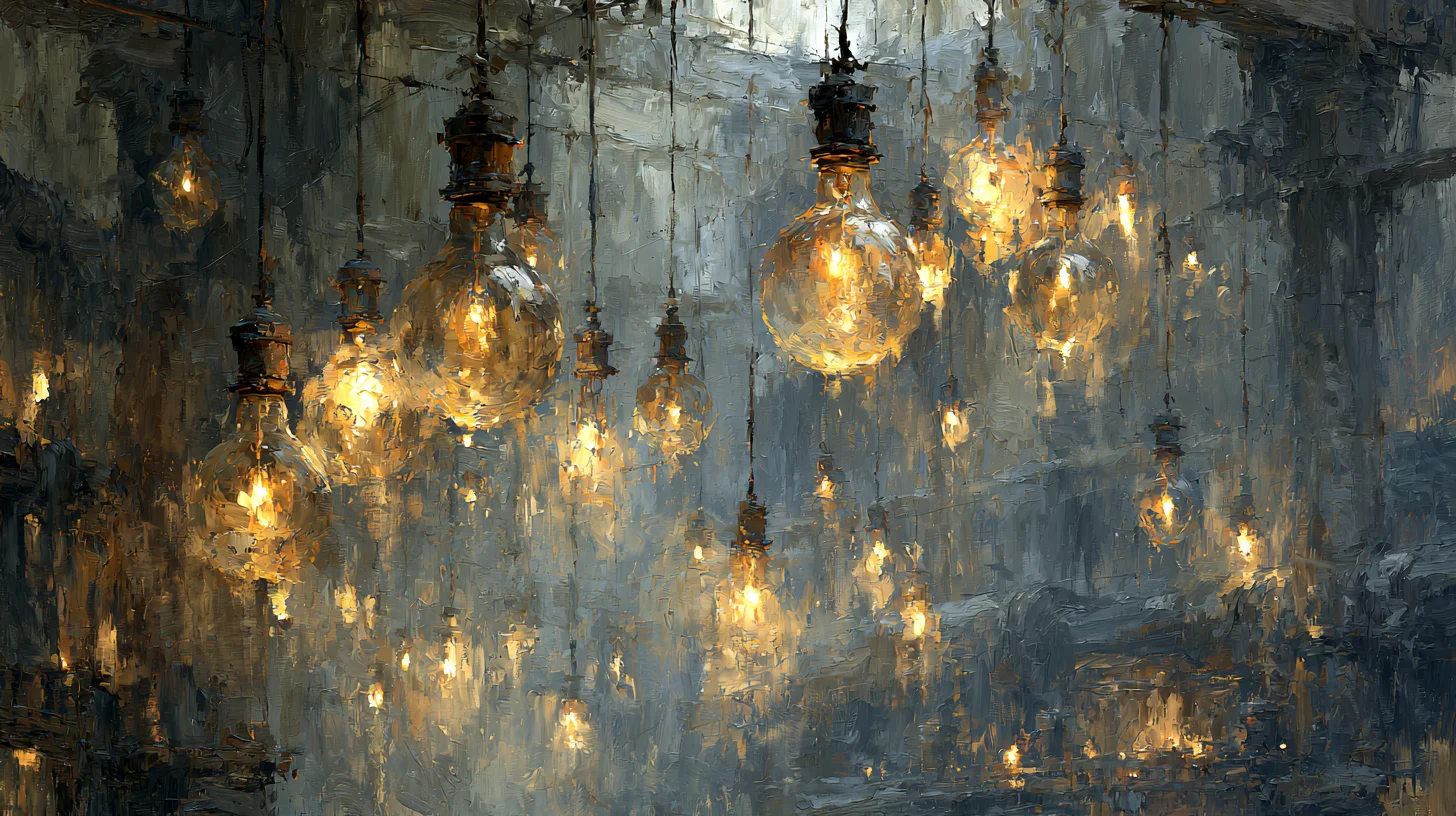 Impressionistic image of glowing hanging light bulbs in a misty blue-gray industrial space, with warm amber light shining through thick painterly brushstrokes.