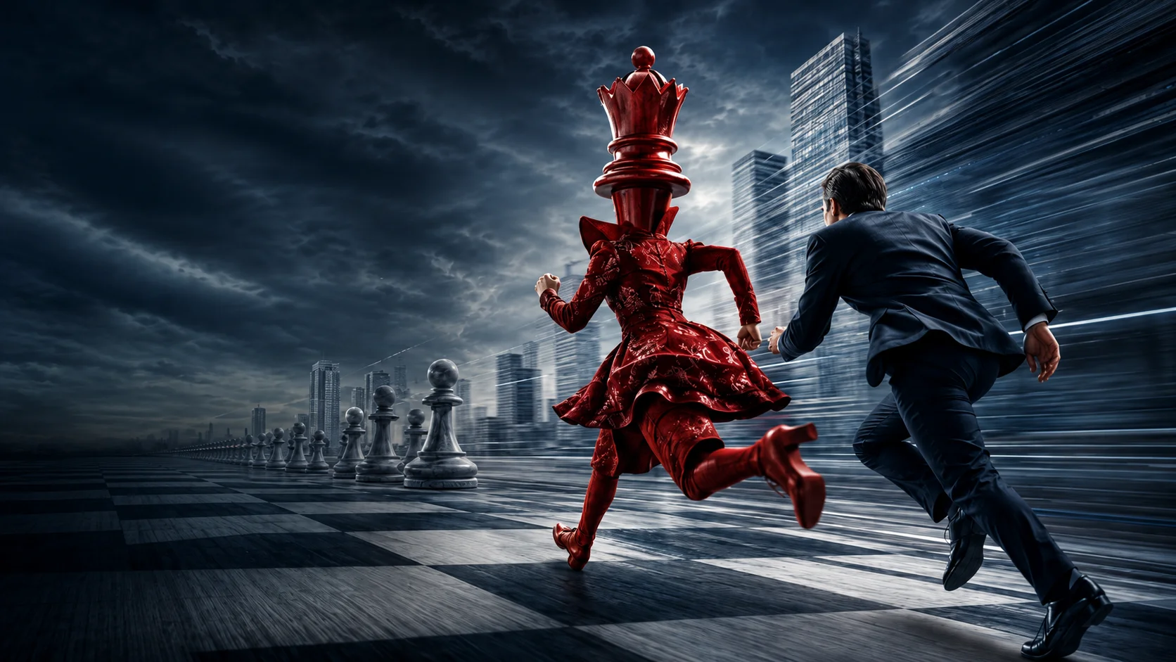 A red queen chess-piece figure and a suited executive running across a chessboard cityscape with motion-blurred buildings and storm clouds.
