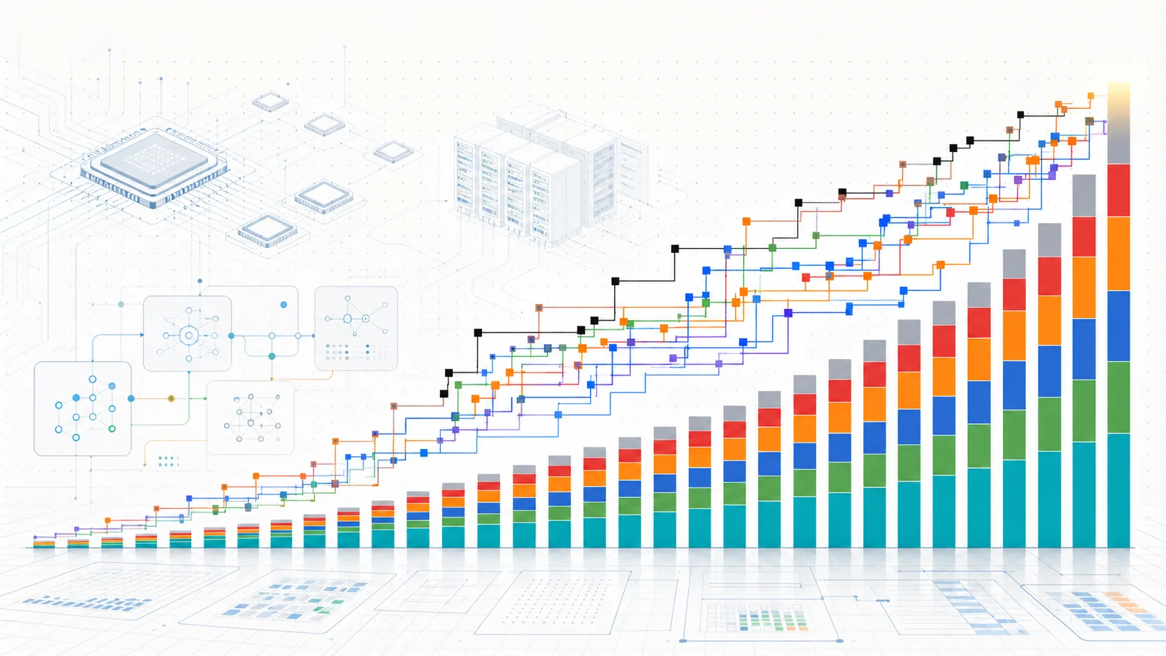 A technical illustration showing stacked capital expenditure bars and rising benchmark-style model performance lines over faint chips, servers, and workflow diagrams.