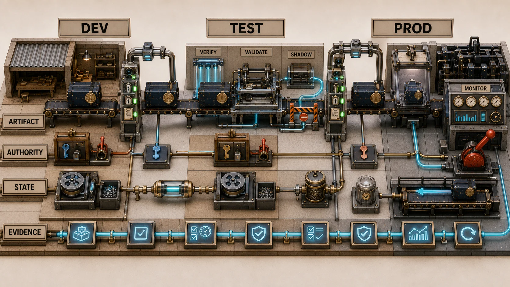 An industrial pipeline moves secured artifacts through DEV, TEST, and PROD while parallel tracks manage authority, state, and evidence.