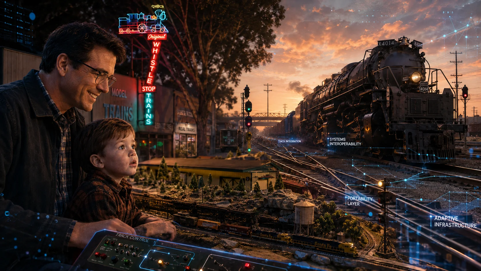 A father and child operate a model railway beside a full-size steam locomotive, with digital system overlays connecting tracks and signals.