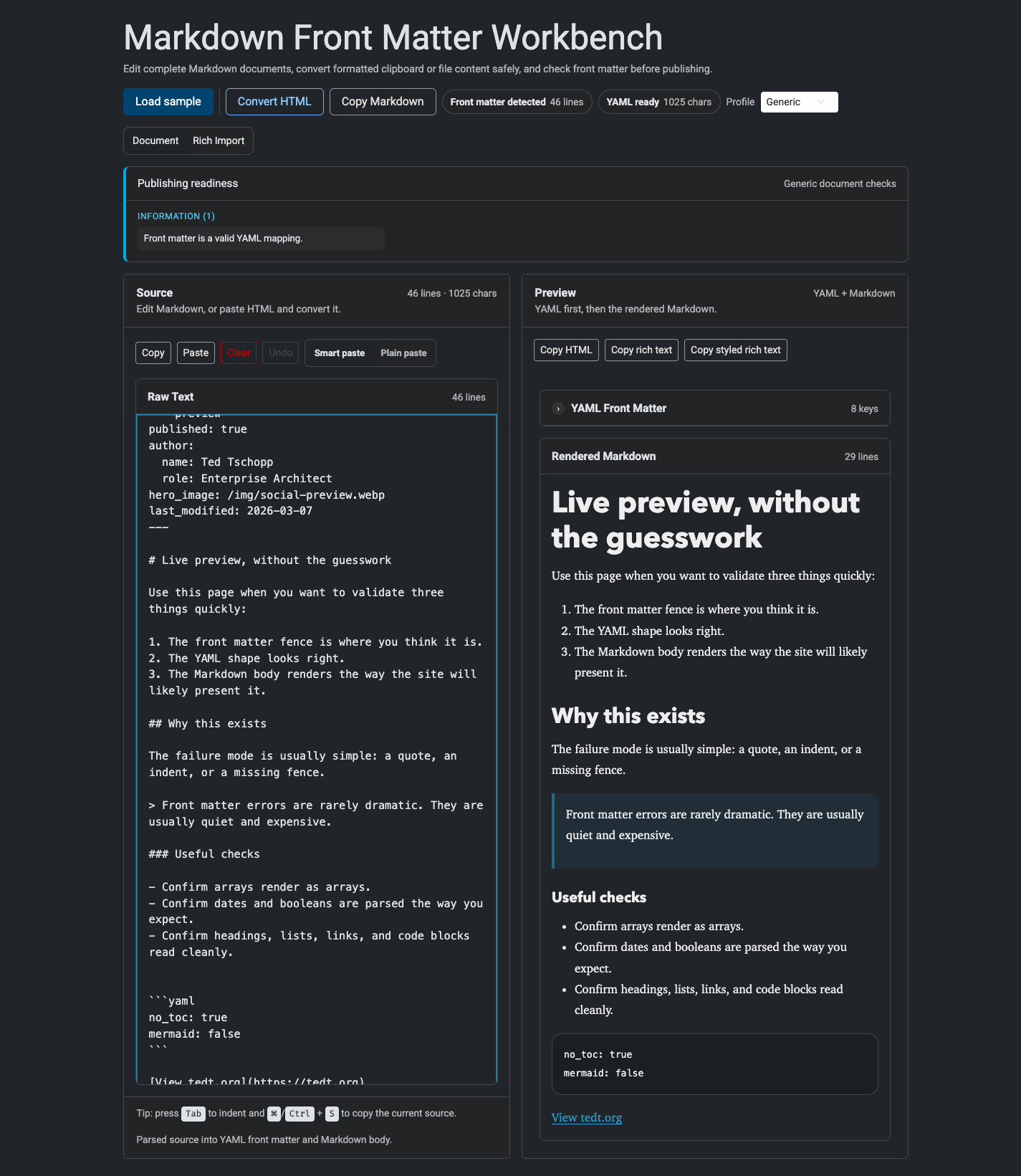 Markdown Front Matter Workbench document editor and rendered preview