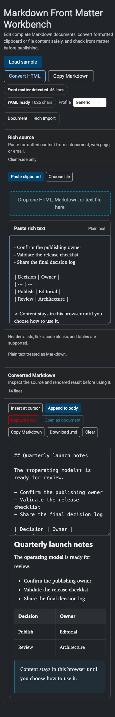 Rich Import workspace reflowed for a mobile viewport