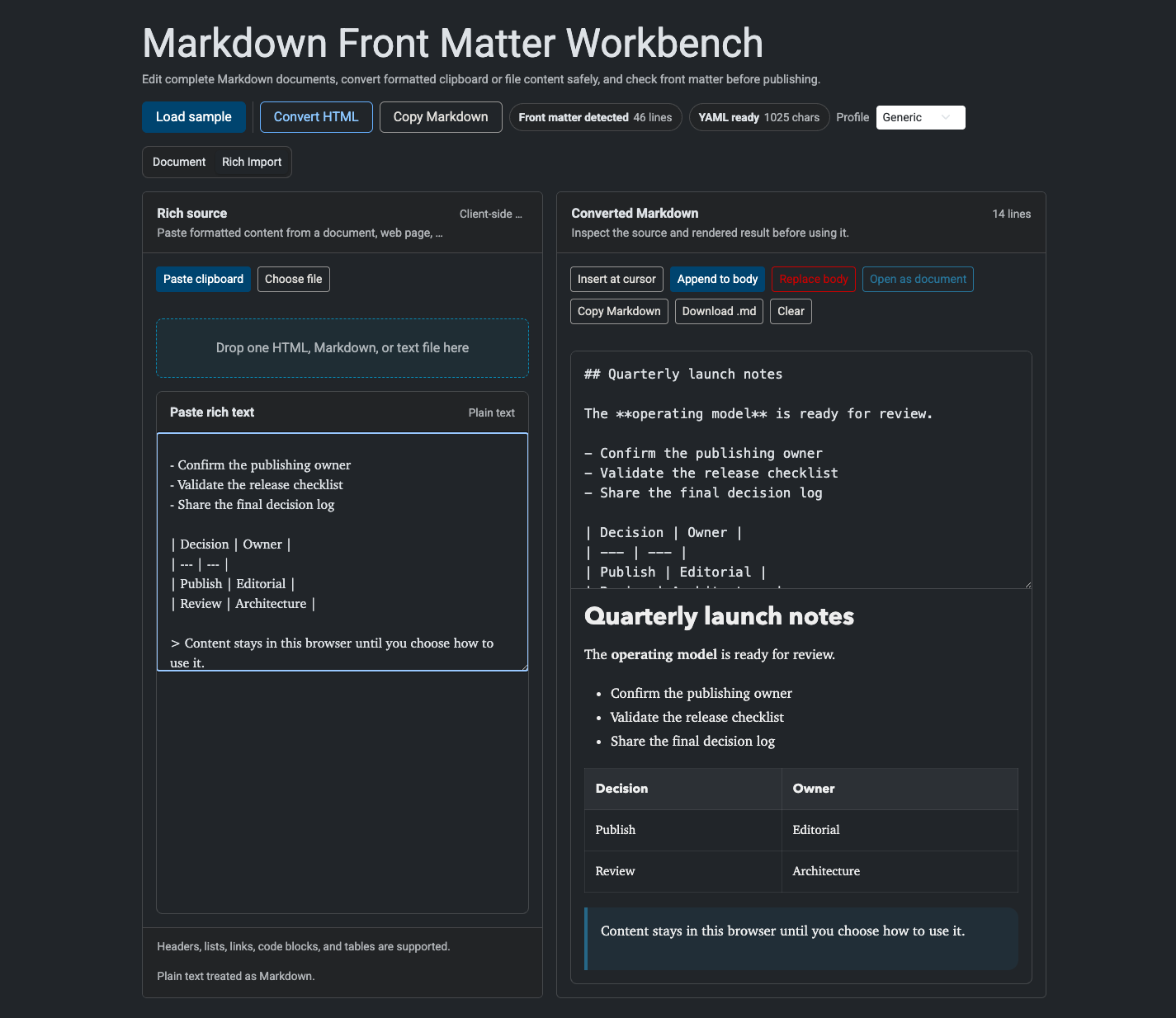 Rich Import workspace with editable Markdown and rendered output