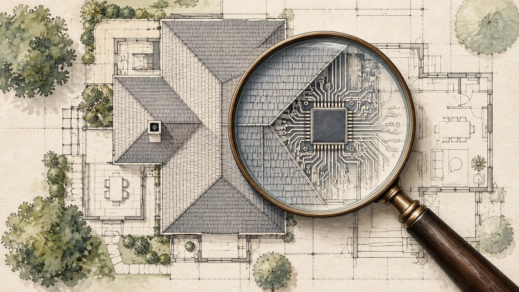 A magnifying glass over a house roof and architectural plans reveals a microchip and circuit traces beneath the shingles.