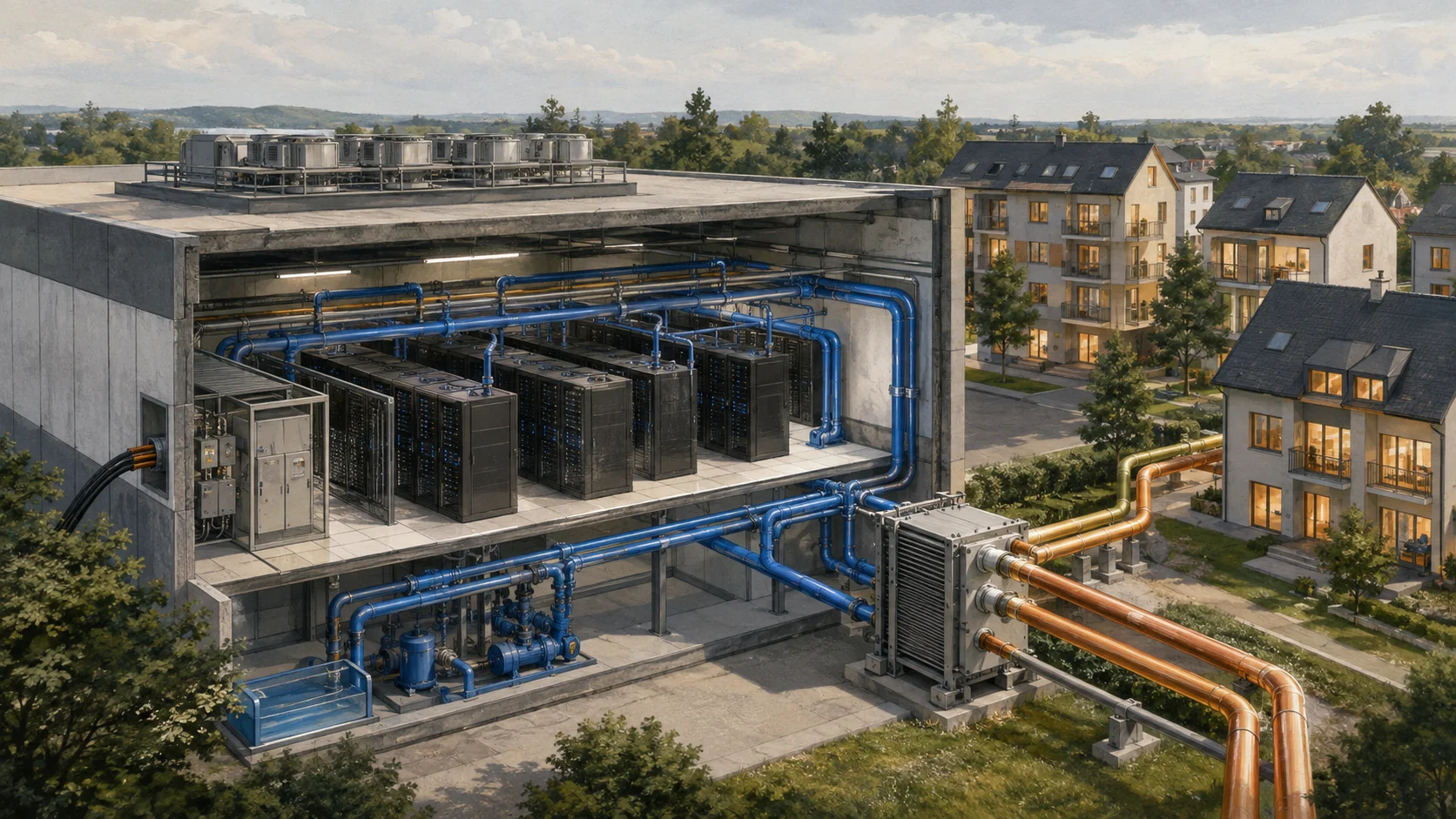 Cutaway illustration of a data center with server racks, blue cooling pipes, and a heat exchanger connected by pipes to nearby homes.