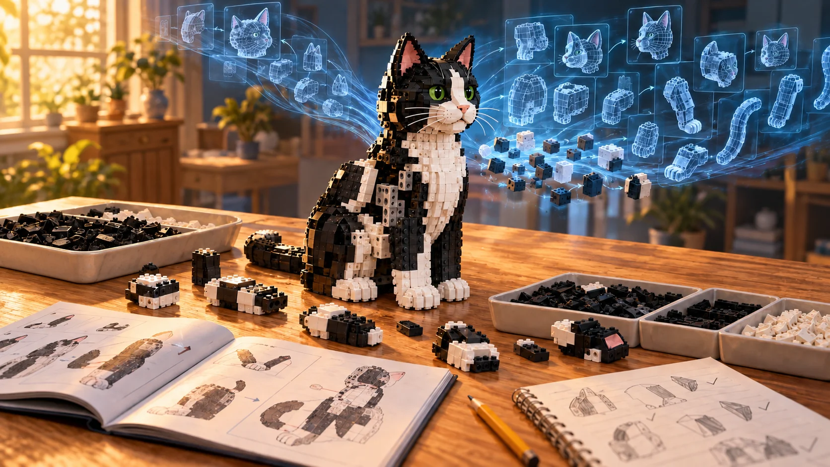 A Lego cat-building project illustrating collaboration, learning, and progress.