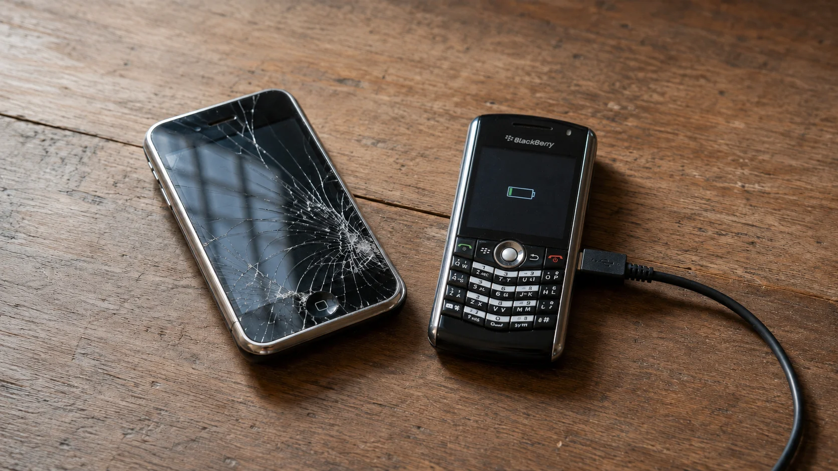 A shattered first-generation iPhone beside a BlackBerry Pearl connected to a charging cable on a wooden table.
