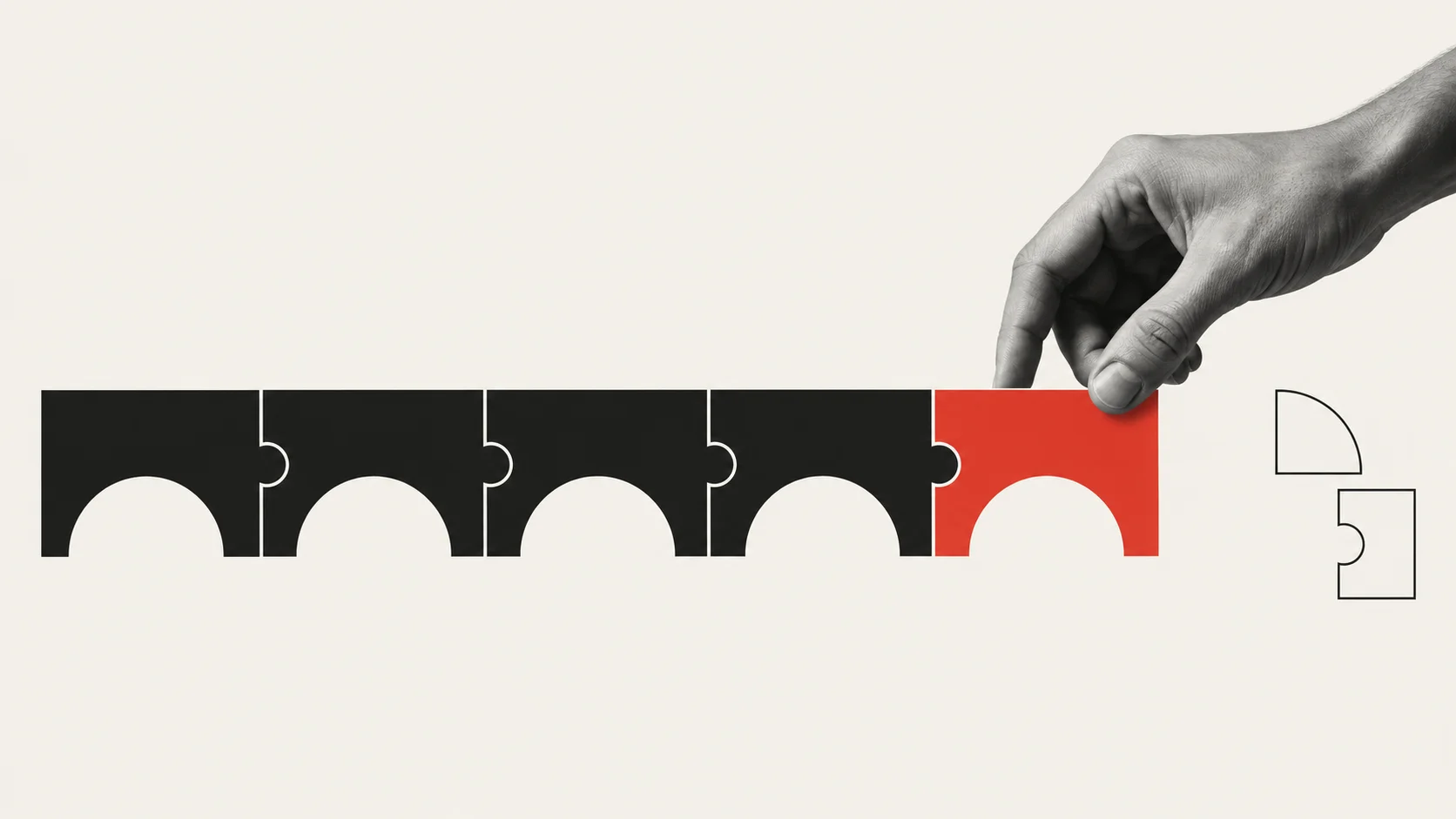 A hand places a red puzzle piece at the end of a row of connected black pieces, with two outlined shapes to the right.