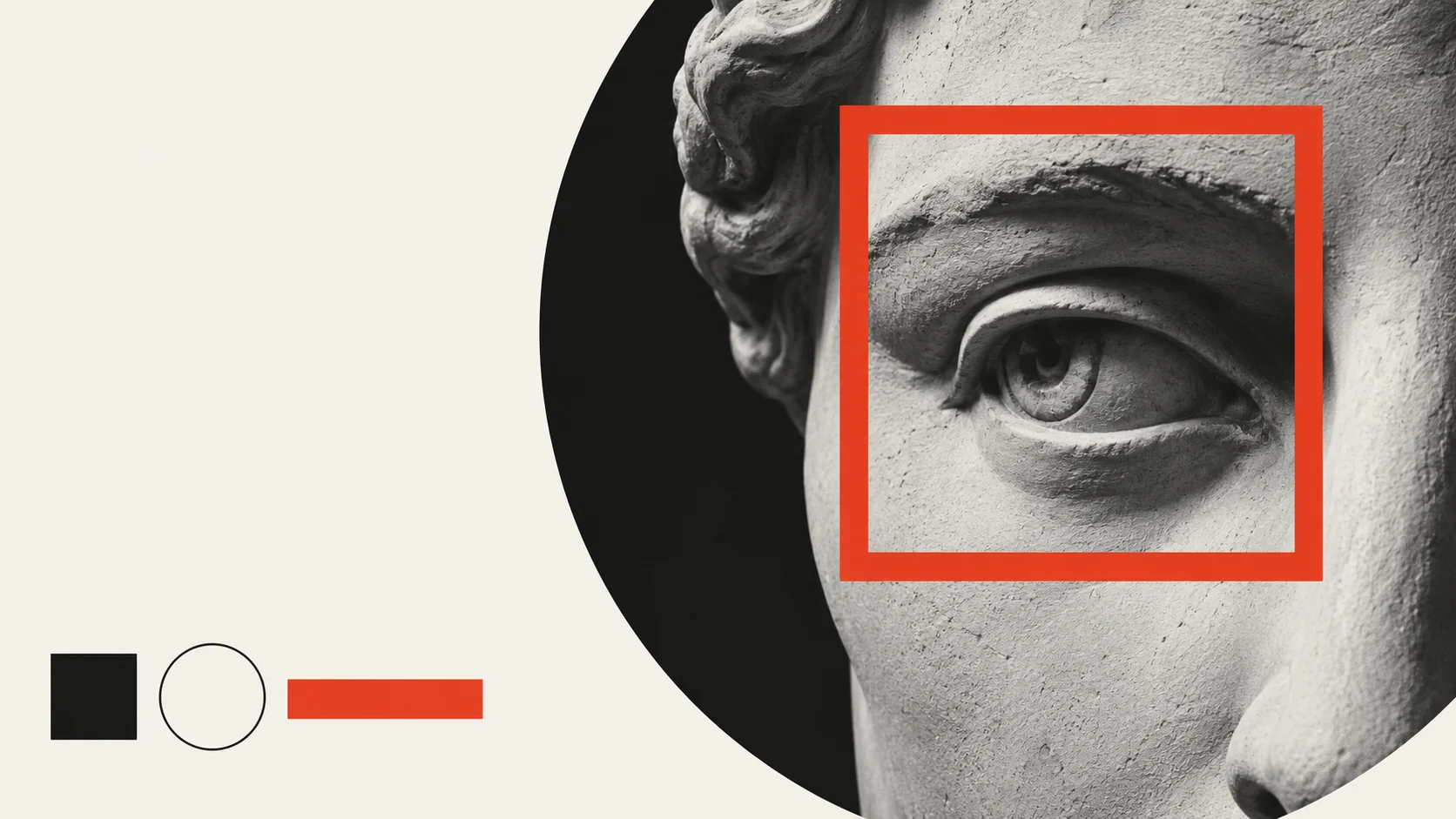 A red square frames the eye of a classical stone sculpture.