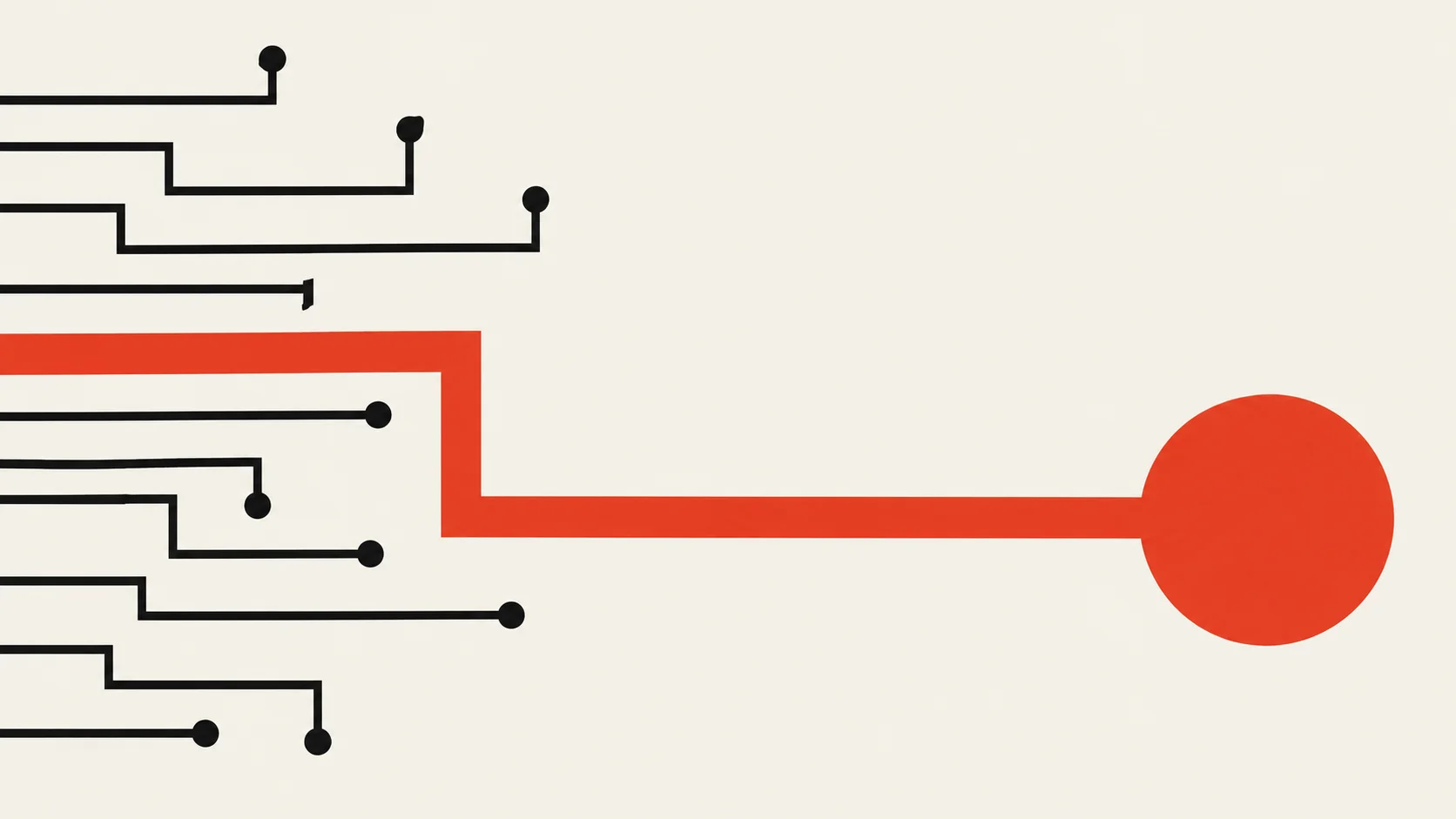 One red path reaches a large red circle while surrounding black paths end earlier.