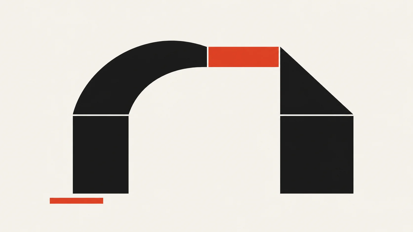 Black geometric pieces and a red block form an arch, with a spare red bar below.