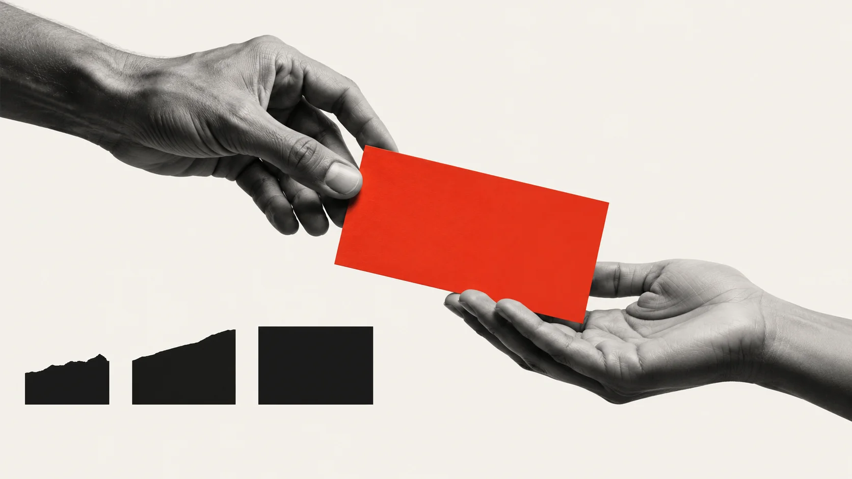 One hand passes a red card into another open hand above three ascending black shapes.