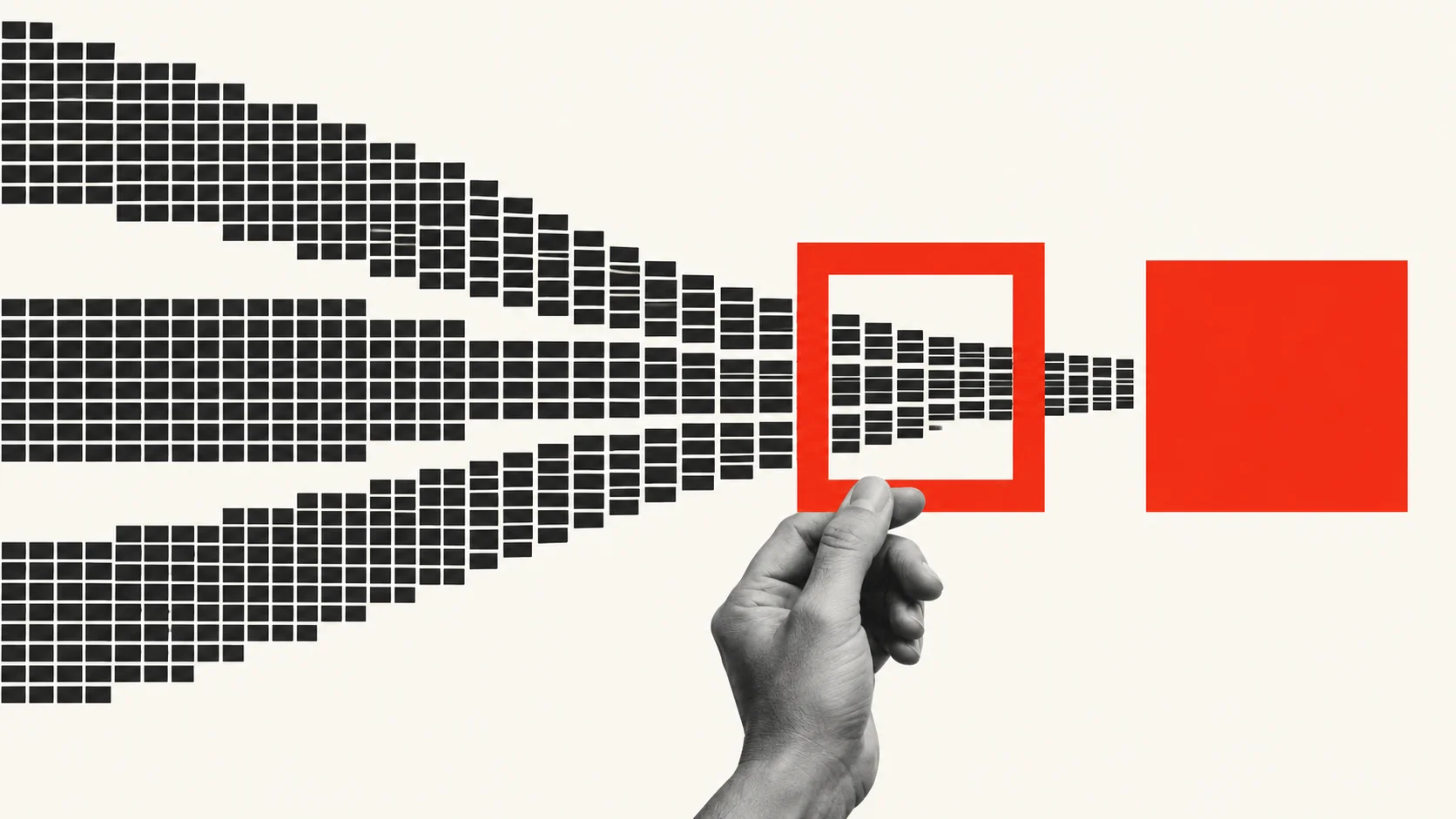 A hand holds a red square frame as streams of black tiles pass through it toward a solid red square.