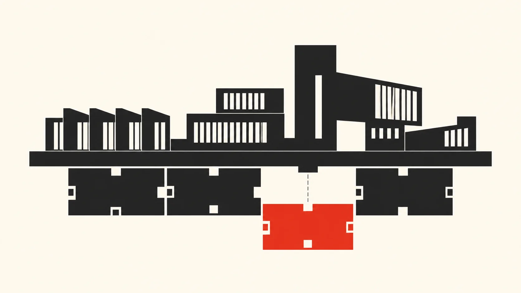 The business rests on a modular software foundation, with the red component representing ongoing maintenance.