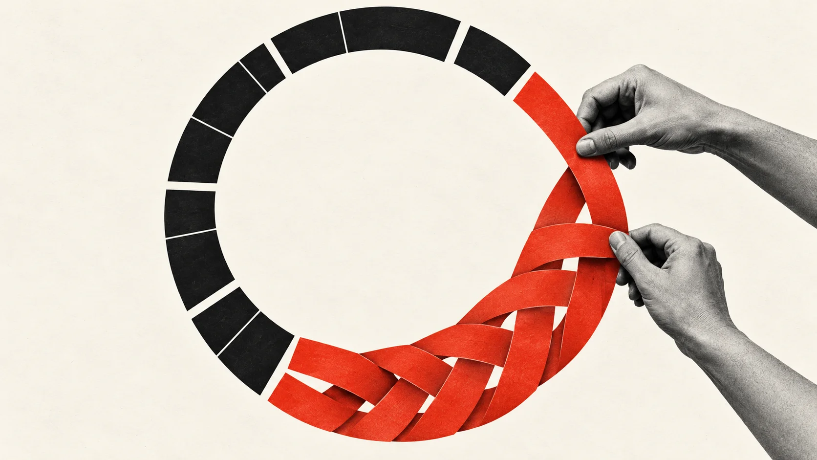 Two hands weave red strips into an open circular design alongside a segmented black arc.