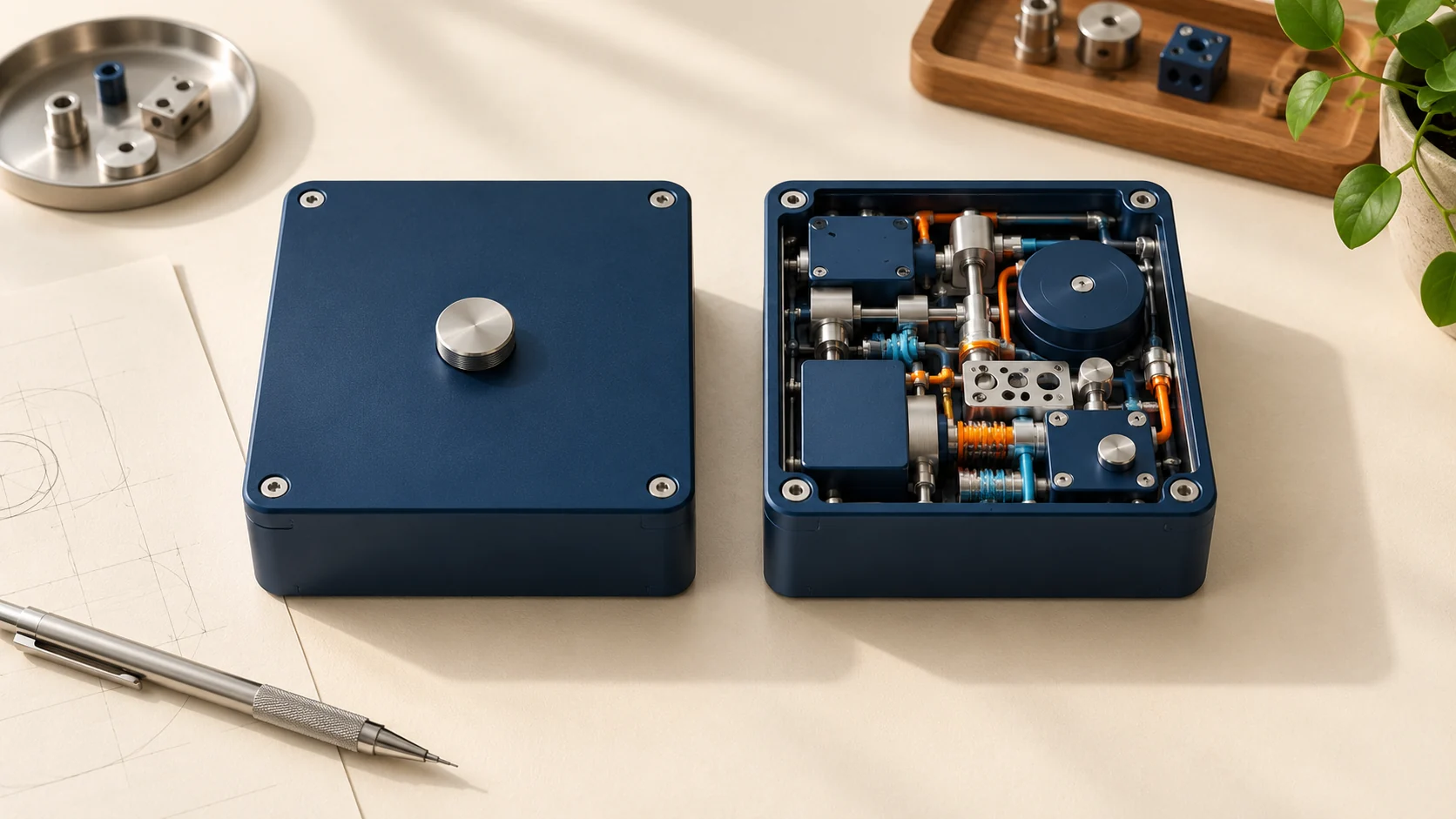 Two matching navy enclosures on a cream workbench, one closed and one open to reveal interconnected metal parts.
