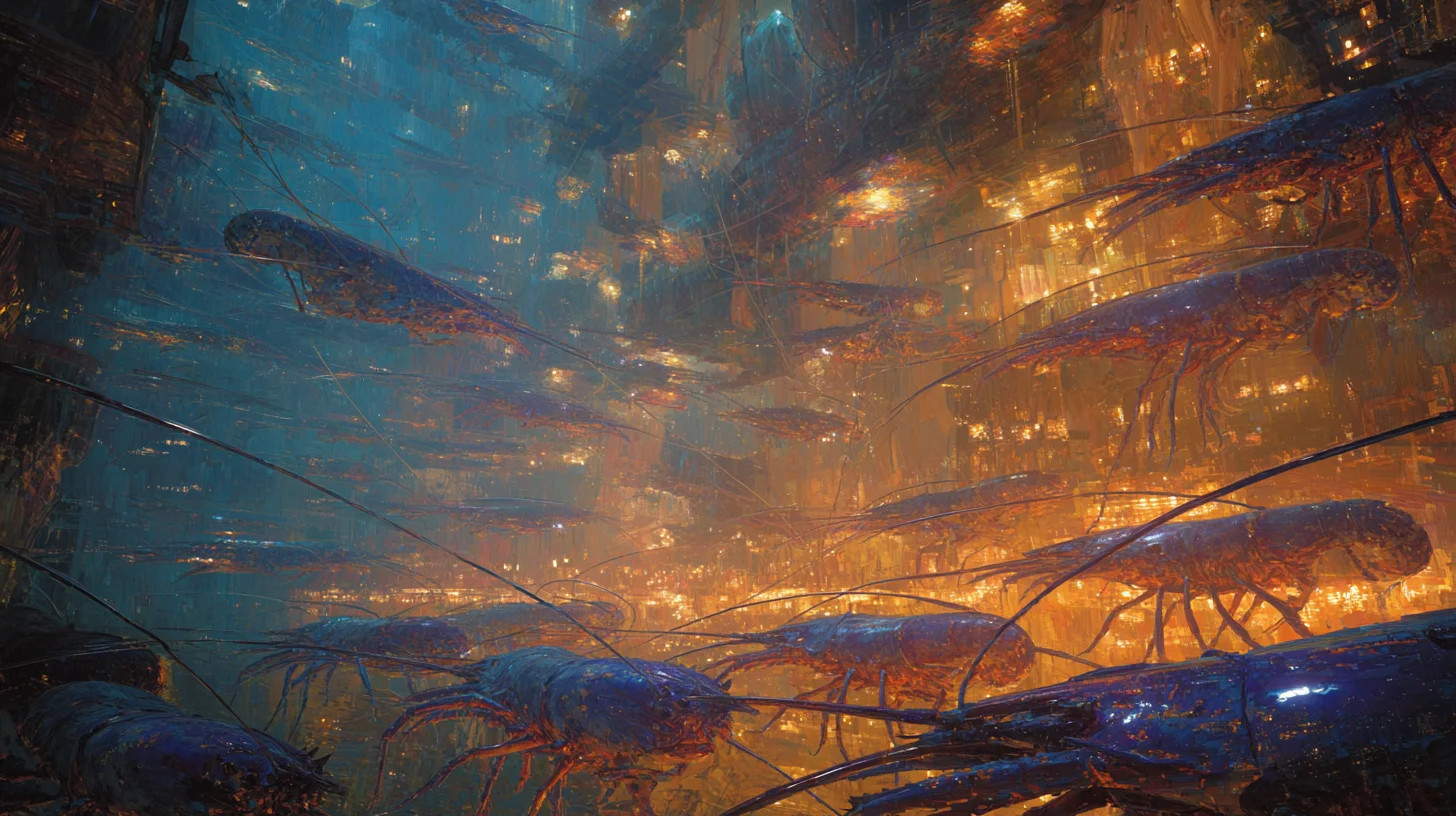 A swarm of glowing, mech-organic, shrimp-like bots drifting through a luminous, futuristic cityscape bathed in blue and amber light. by Ted Tschopp