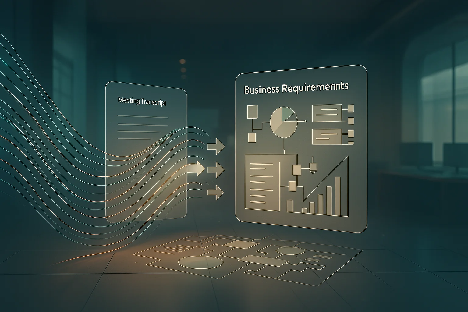 Abstract visualization of transforming chaotic meeting notes into clear structured requirements by Ted Tschopp