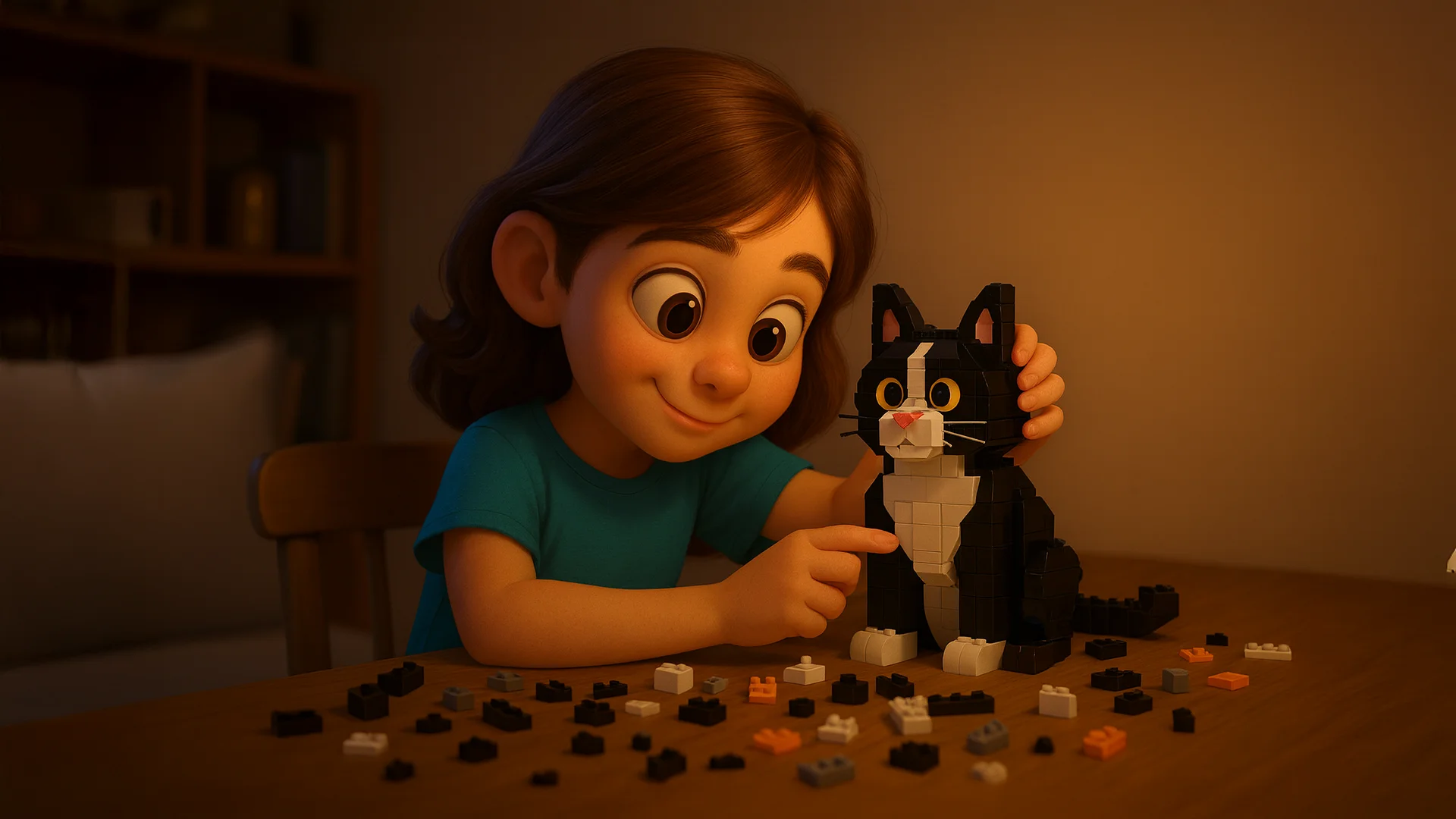 Child carefully building a complex Lego Tuxedo Cat, symbolizing organizational resilience during AI integration by Ted Tschopp