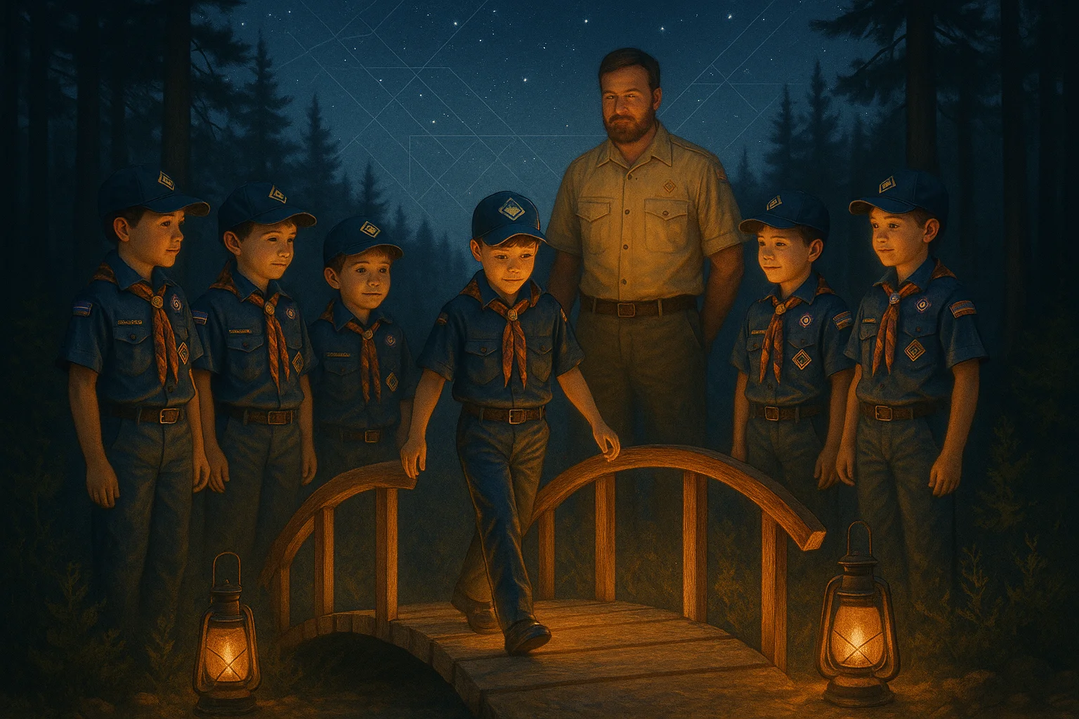 Cub Scouts around a campfire during Arrow of Light ceremony, representing AI-supported traditional values by Ted Tschopp