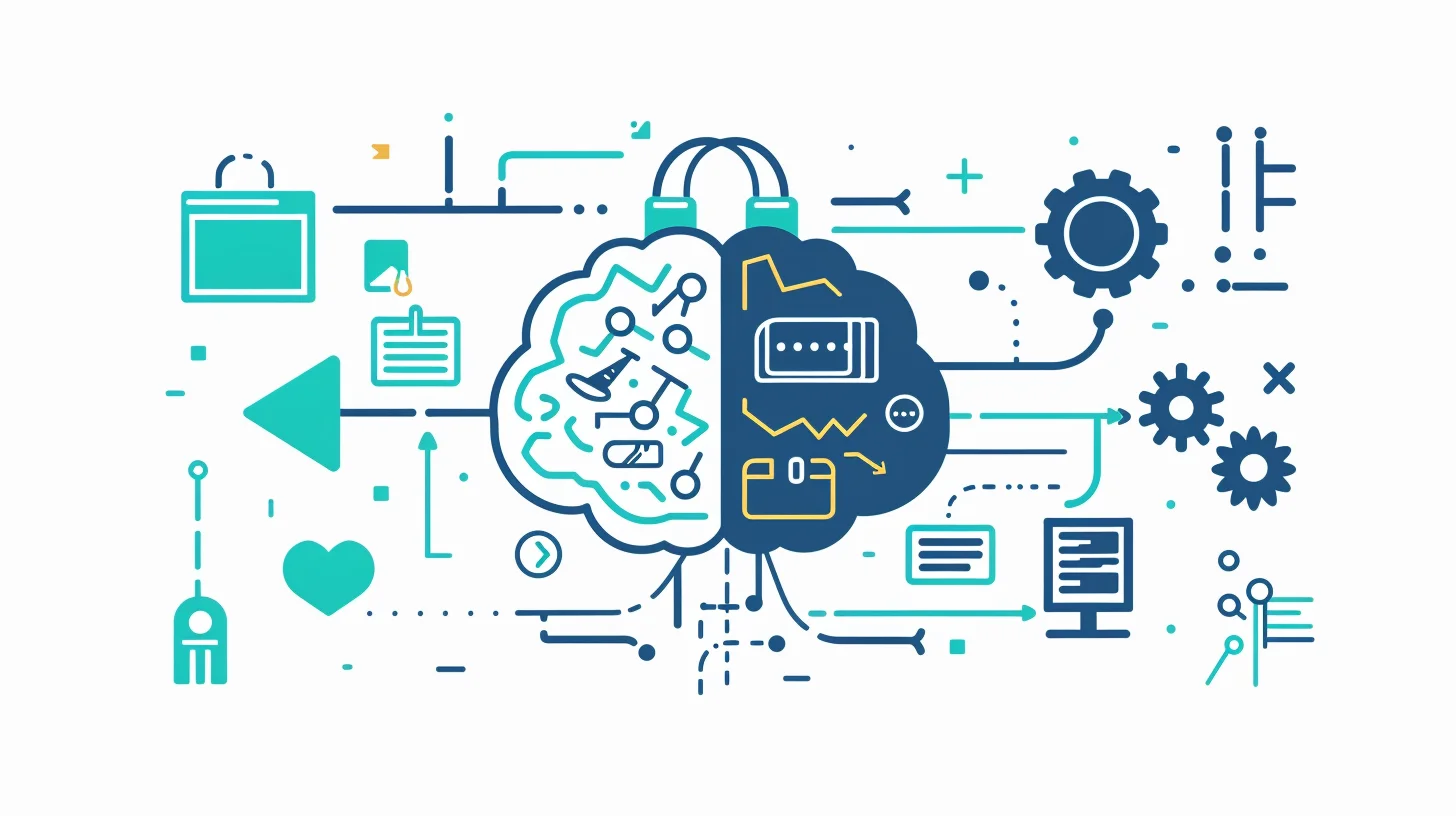 A split-brain illustration with the left side featuring science and research symbols, and the right side containing technology and data icons, surrounded by interconnected lines, gears, and interface elements.  by Ted Tschopp