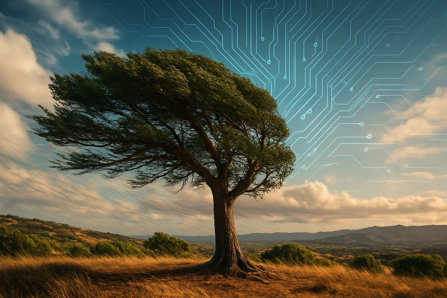 Deep-rooted tree weathering a storm, symbolizing enterprise resilience during AI transformation by Ted Tschopp