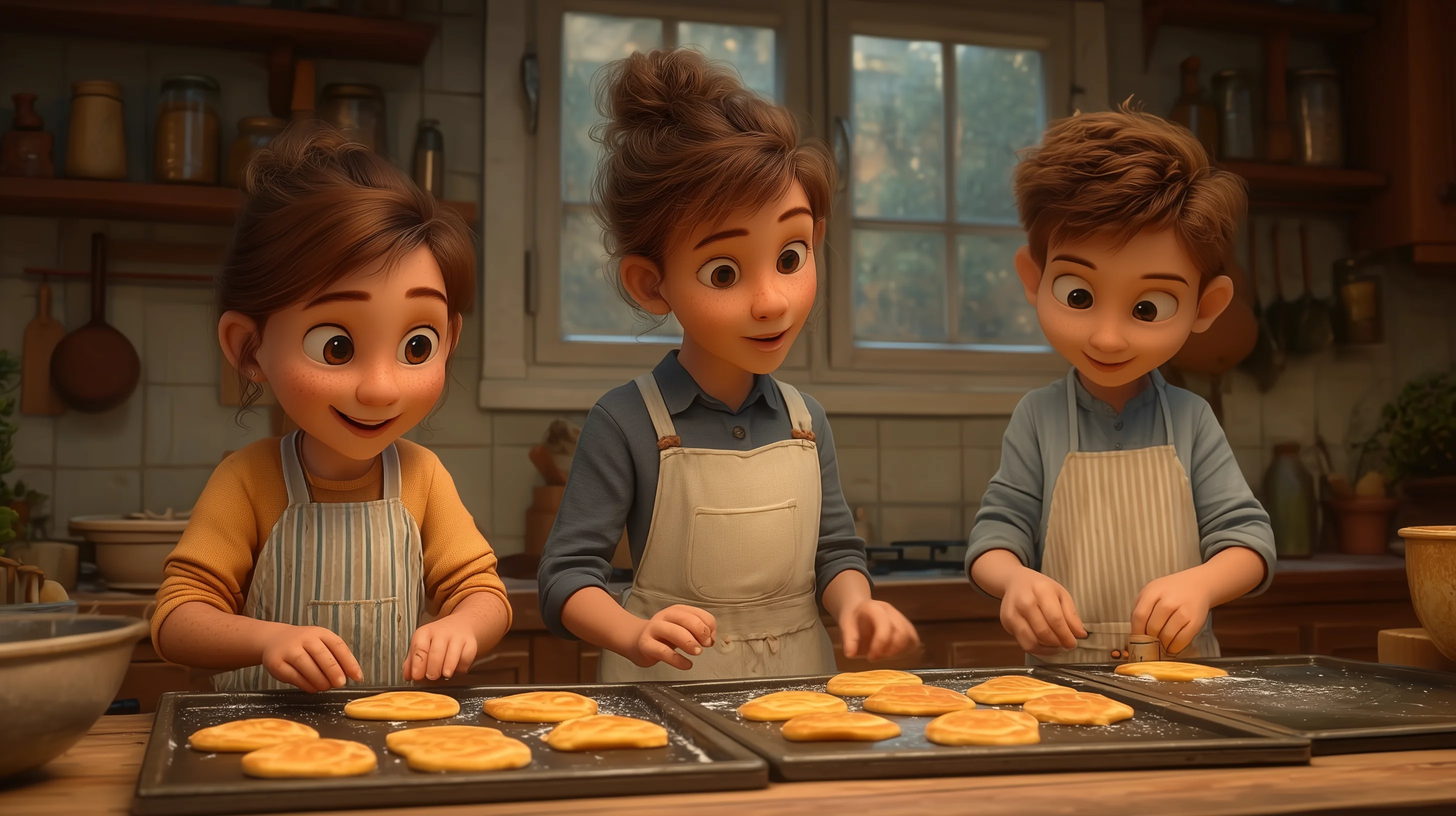 Three children wearing aprons carefully shape pancakes together on baking trays in a warm, sunlit kitchen.