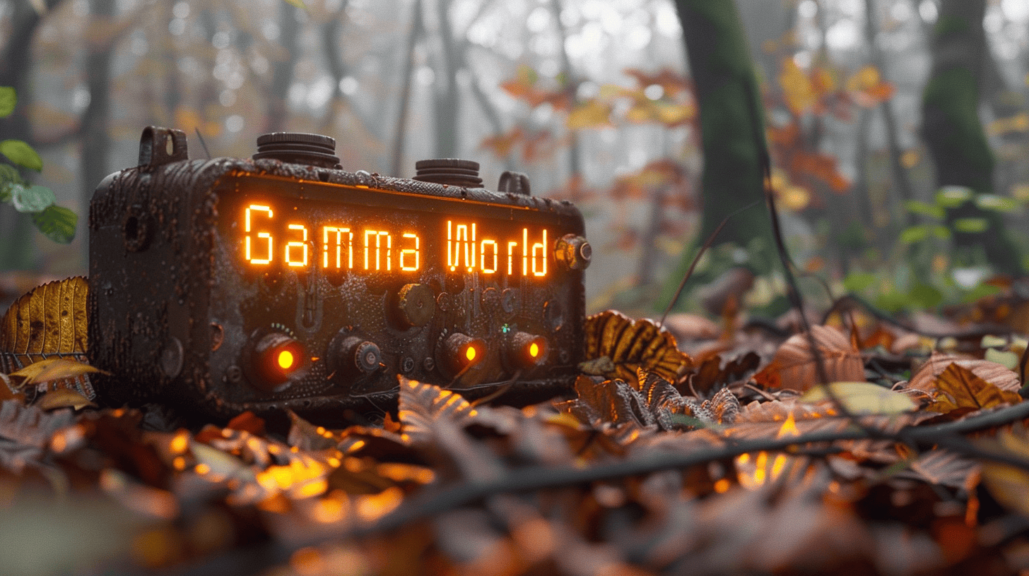 An ancient, rusted piece of advanced technology, half-buried in the ground, with glowing circuits and strange symbols. Inspired by Gamma World TTRPG, combining elements of steampunk and sci-fi, Spelling out 