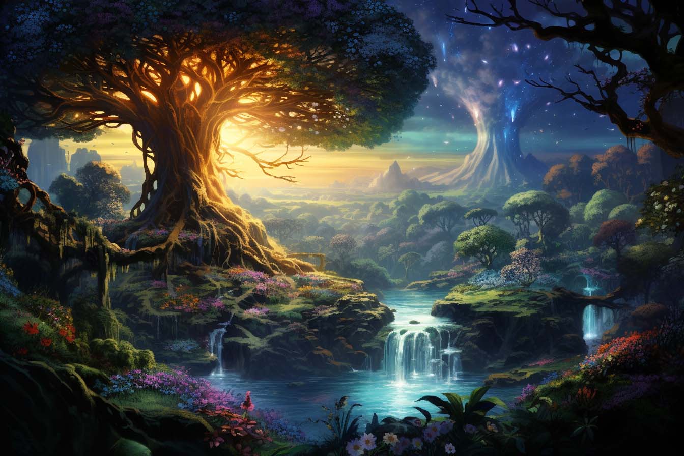 An image depicting the lush Garden of Eden with the tree of life at its center, surrounded by flowing rivers, and extending infinitely towards the horizon, symbolizing the limitless nature of the garden. by Ted Tschopp and Midjourney