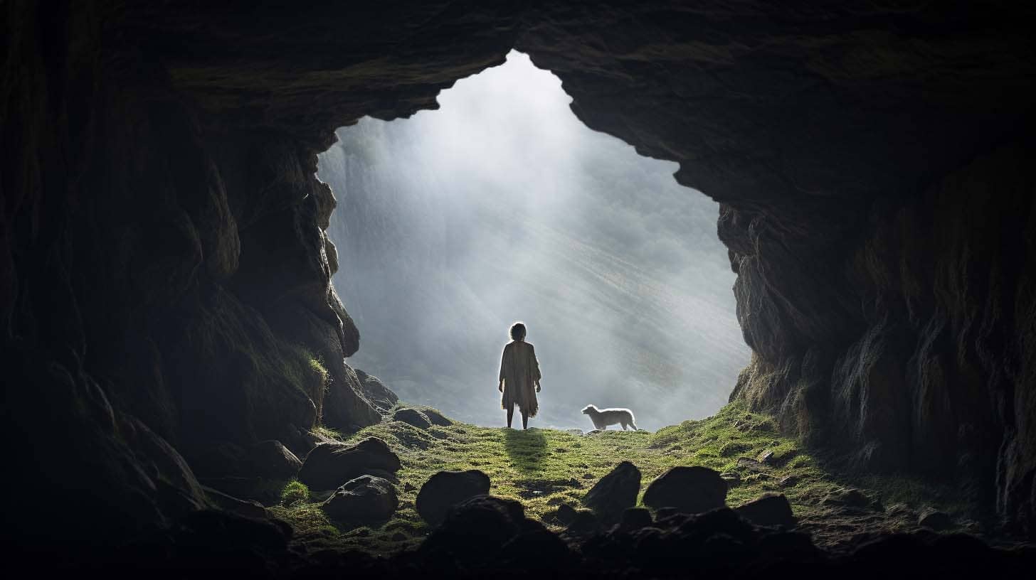 A mysterious cave in the Neuburgerhalde, obscured by shadows and mist. In the foreground, villagers peer upward, faces etched with curiosity and fear. The hole in the rock looms ominously, embodying the legend of the Little Shepherd who still haunts the area. by Ted Tschopp and Midjourney