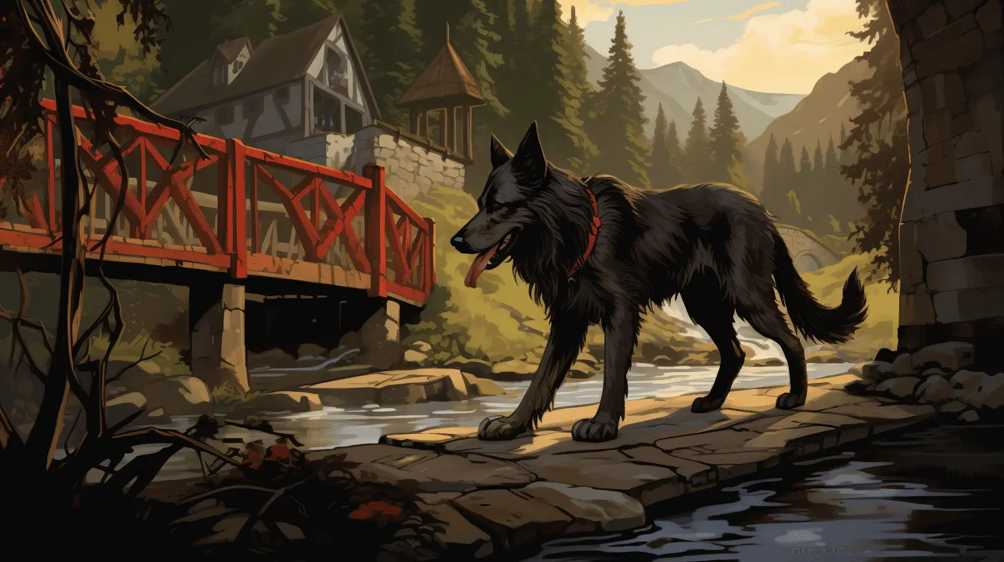 An illustration of a dog, with a long drooping tongue, red eyes, and a long tail, appearing on a bridge over a stream between two villages in Switzerland. by Ted Tschopp and Midjourney
