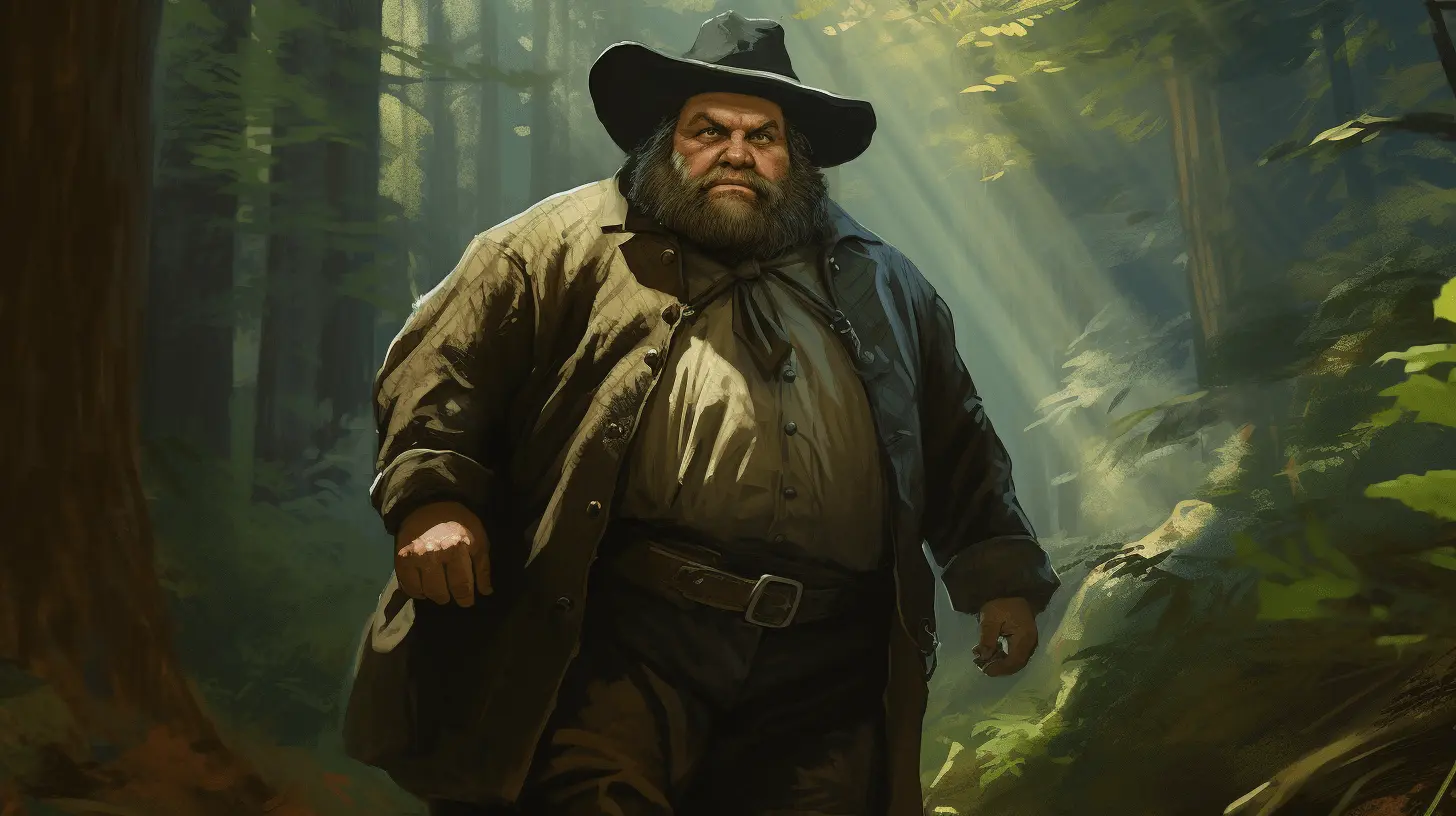 An illustration of a large, heavy man wearing a large hat, walking in a forest. by Ted Tschopp and Midjourney