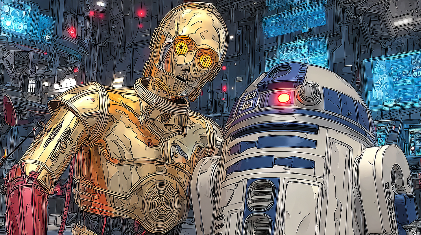Stylized illustration of Star Wars droids C-3PO and R2-D2 in a futuristic, high-tech control room with glowing screens and detailed machinery. by Ted Tschopp