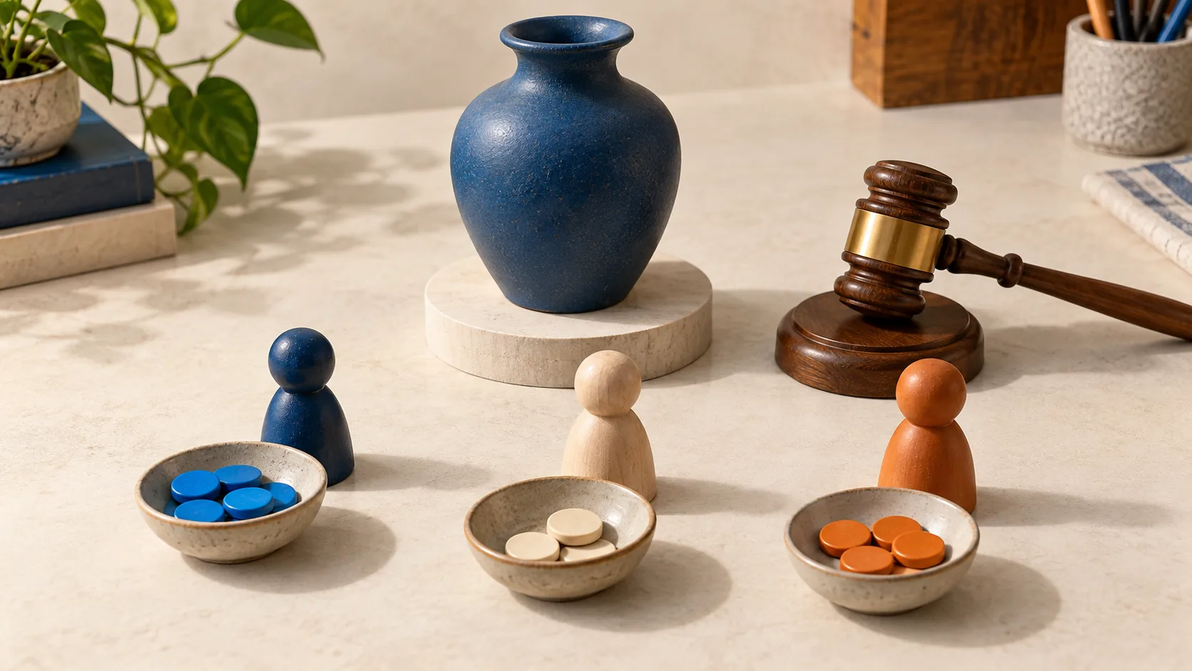 Three playing pieces with bowls of counters face a blue vase beside an auction gavel.