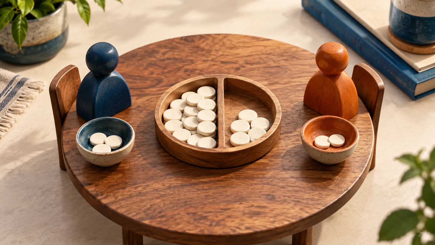 Blue and orange playing pieces face a divided tray of counters across a round negotiating table.