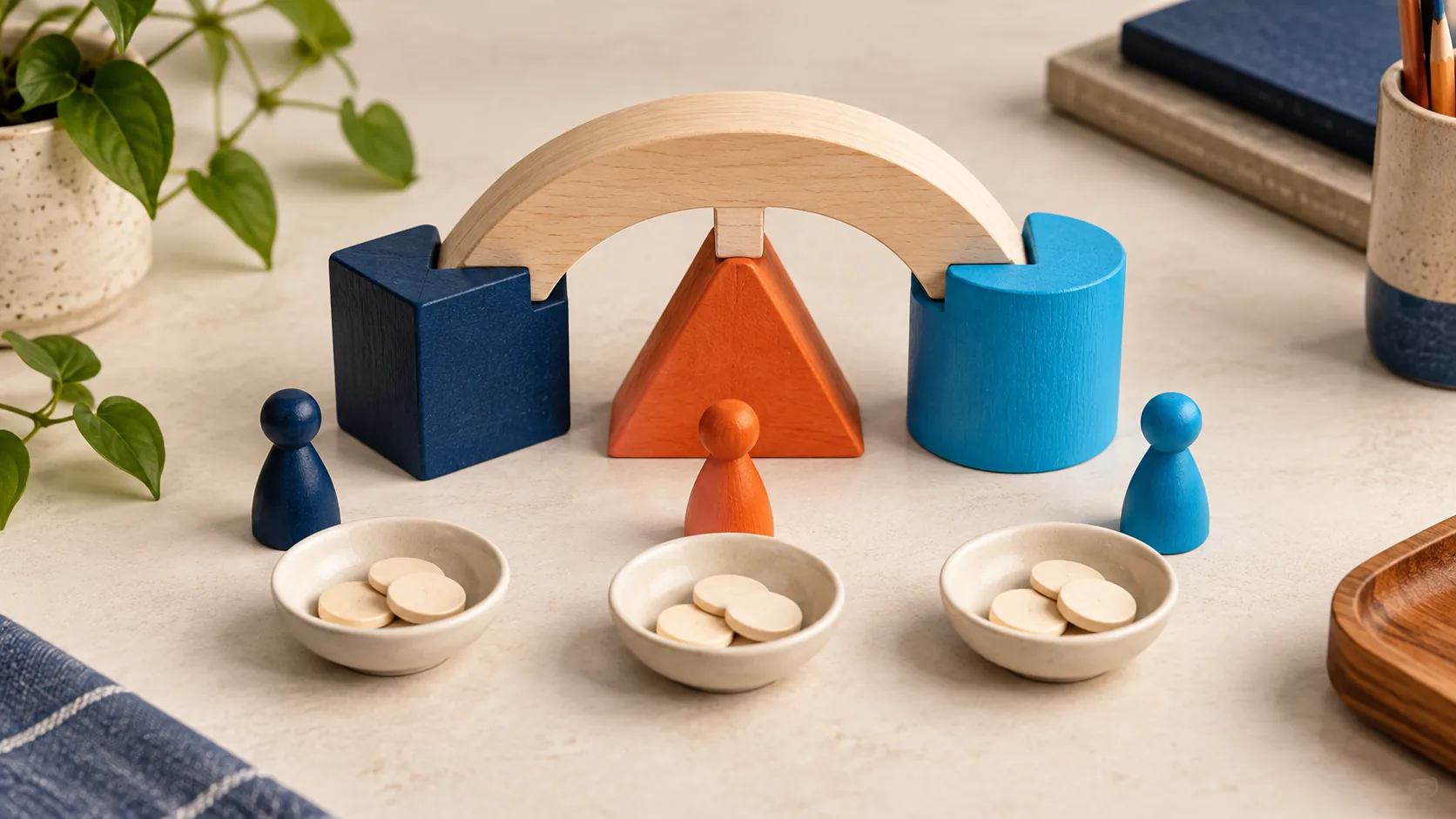 Three colored wooden supports hold up one arch, with a playing piece and a bowl of rewards for each contributor.