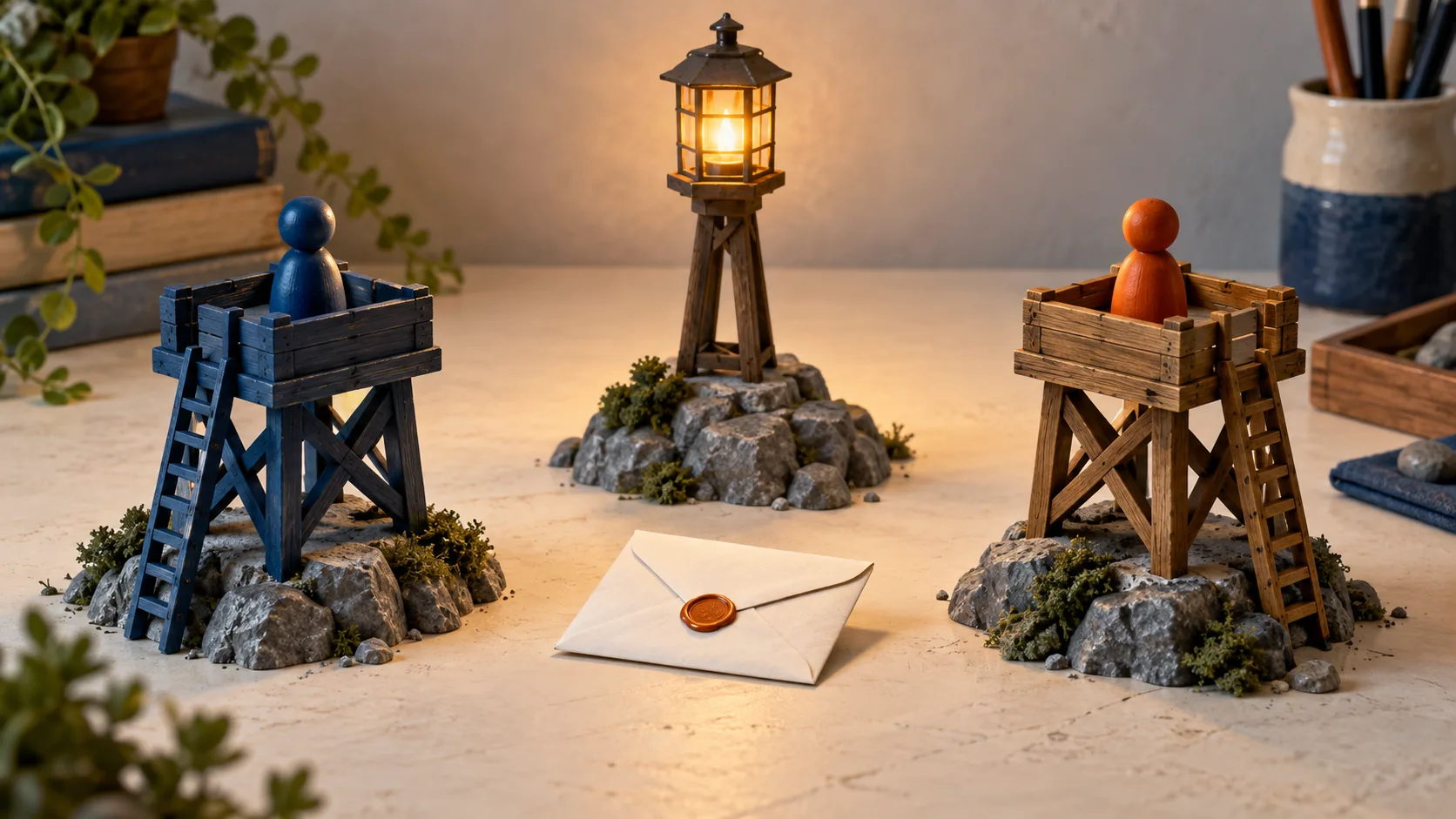 Two playing pieces in separate lookout towers can see a shared lantern, with a sealed letter between them.