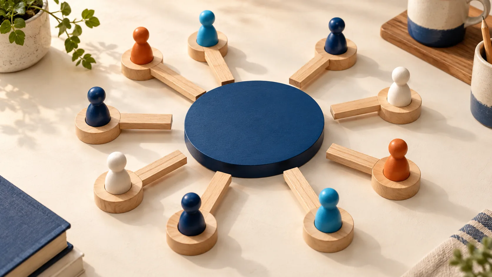 Eight playing pieces wait on separate platforms around a shared center, with gaps between their bridges.
