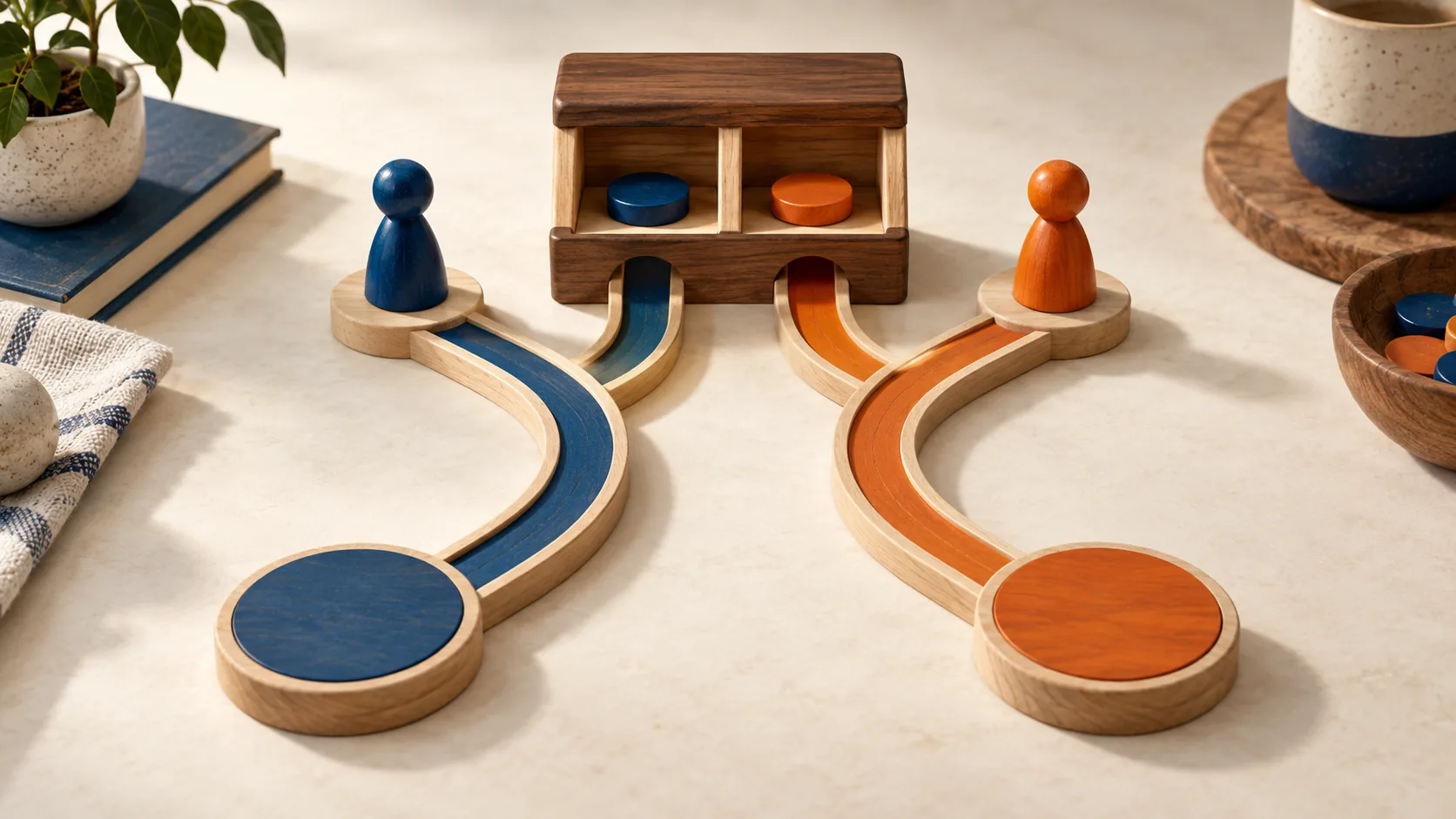 A wooden box offers separate blue and orange counters beside two playing pieces and curved tracks.