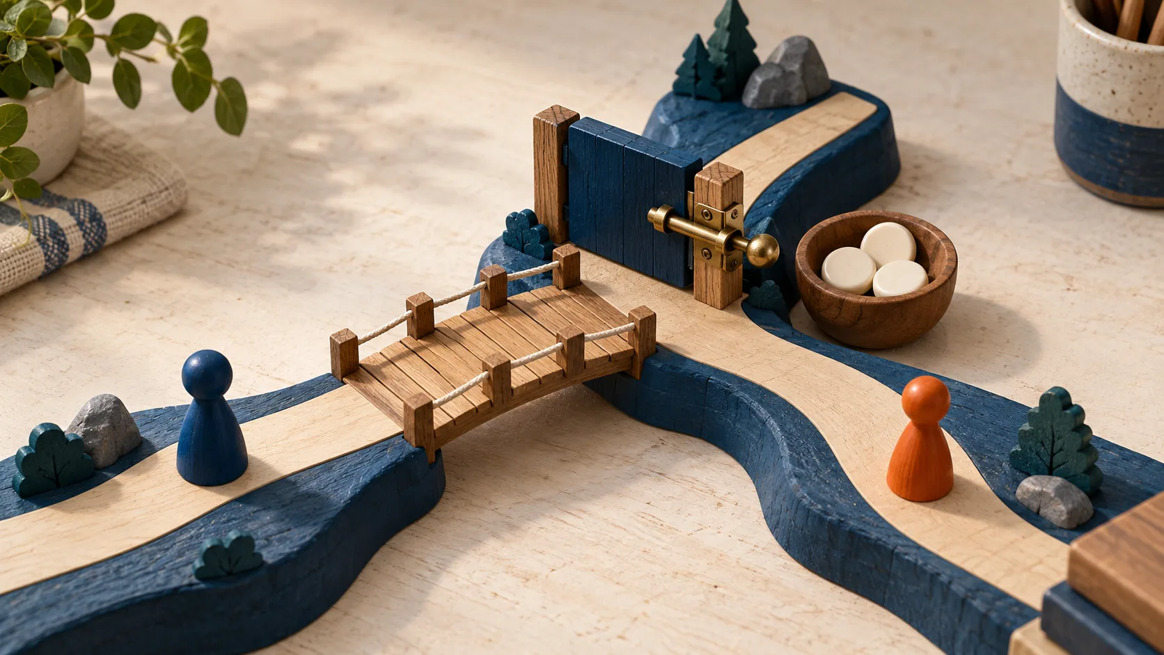 A blue gate with a brass bolt blocks one branch of a wooden path beside two playing pieces.