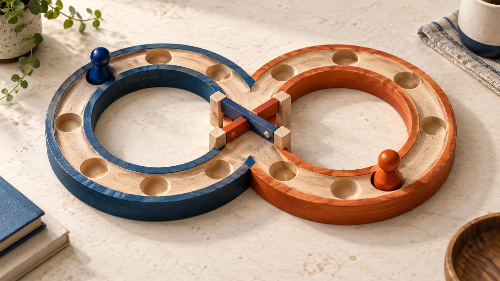 Two playing pieces sit on interlocking circular tracks with gates blocking the shared path.