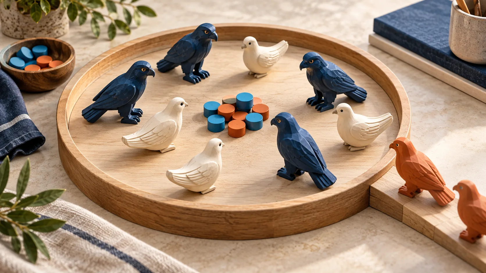 Carved blue hawks and ivory doves surround resource counters in a wooden arena as orange birds enter.