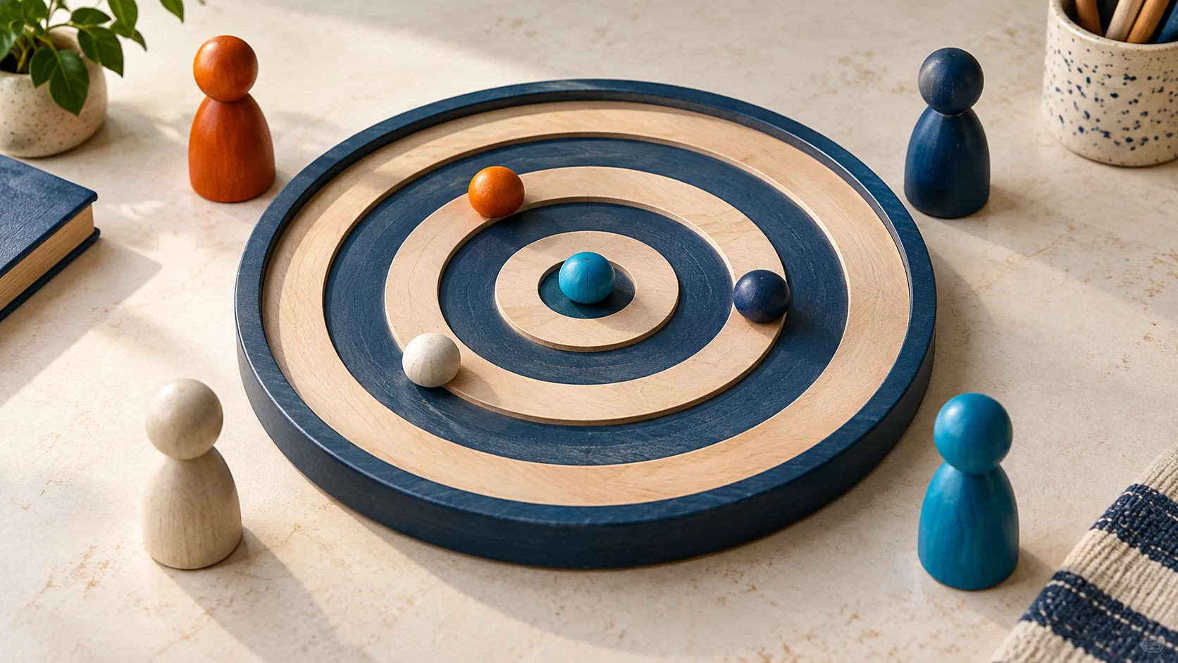 Four playing pieces surround a board of concentric rings with colored beads at different distances from its center.